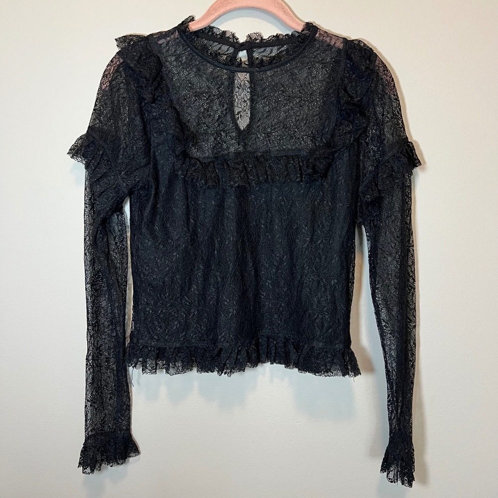Audrey Parks Black Lace Ruffle Blouse Long Sleeve Top Small Whimsigoth Witchy